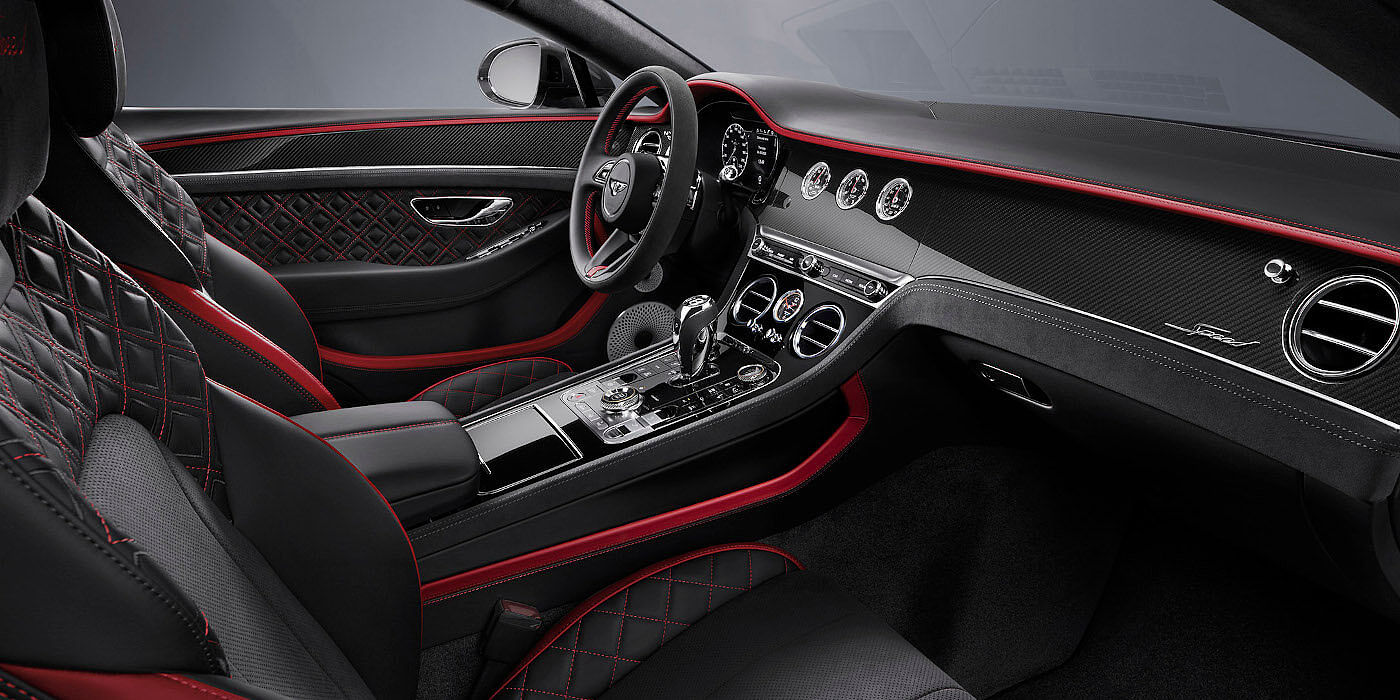 Bentley Valencia Bentley Continental GT Speed coupe front interior in Beluga black and Hotspur red hide