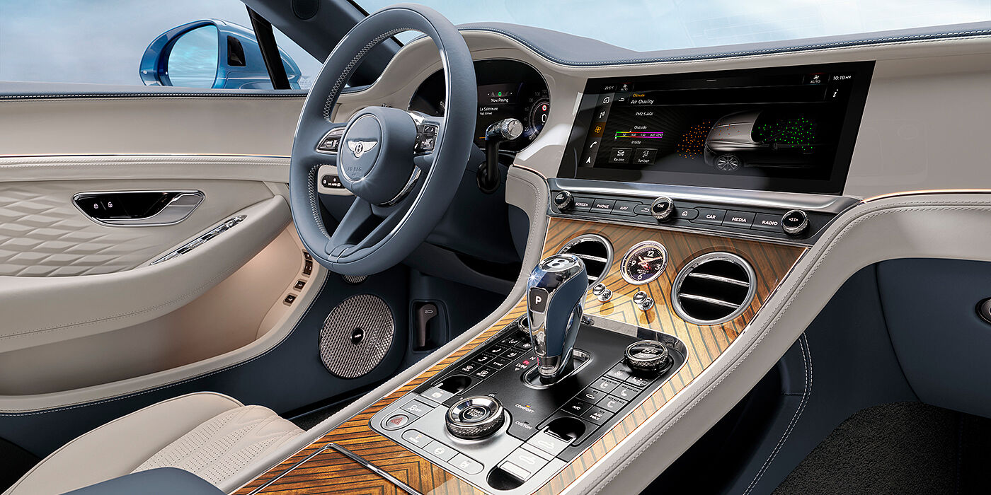 Bentley Valencia New Bentley Continental GTC Azure convertible interior front cabin view with Linen and Brunel hides and Piano Linen by Mulliner veneer featuring centre console and centre MMI screen
