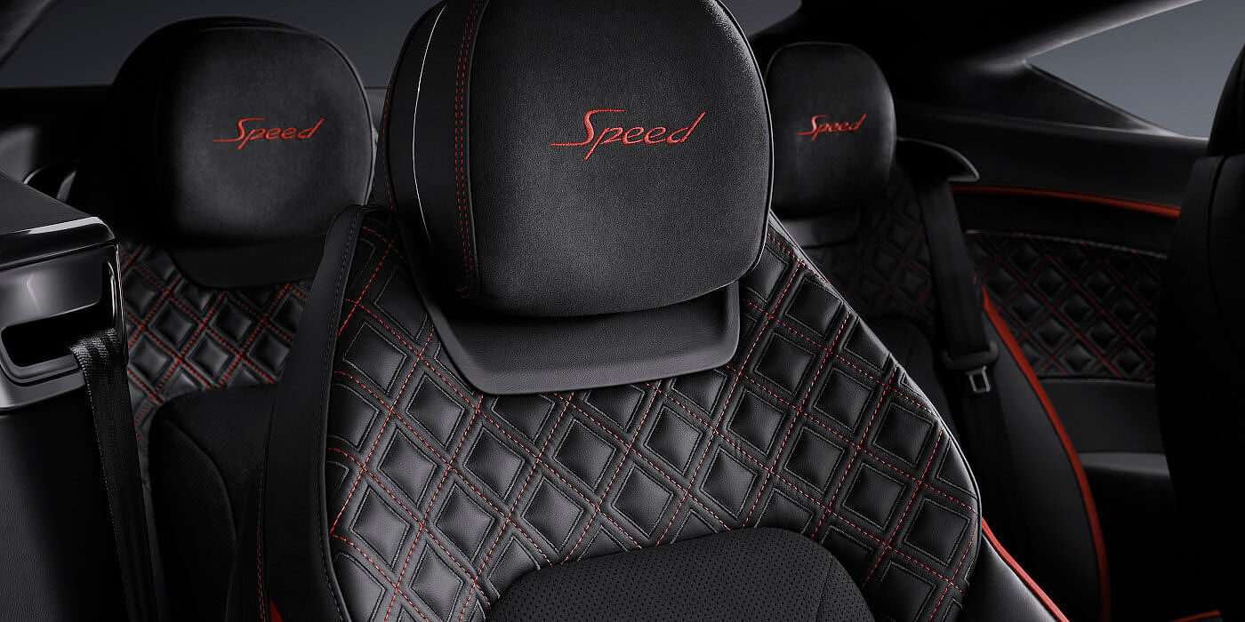 Bentley Valencia Bentley Continental GT Speed coupe seat close up in Beluga black and Hotspur red hide