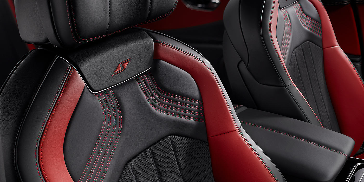 Bentley Valencia Bentley Flying Spur S seat in Beluga black and \hotspur red hide with S emblem stitching