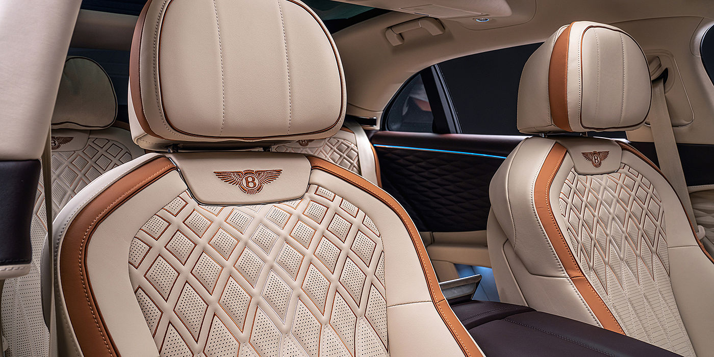 Bentley Valencia Bentley Flying Spur Odyssean sedan rear seat detail with Diamond quilting and Linen and Burnt Oak hides