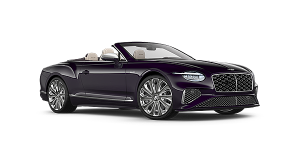 Bentley Valencia Bentley New Continental GTC Mulliner convertible front three quarter view in Damson paint with 22 inch Mulliner painted and polished wheel