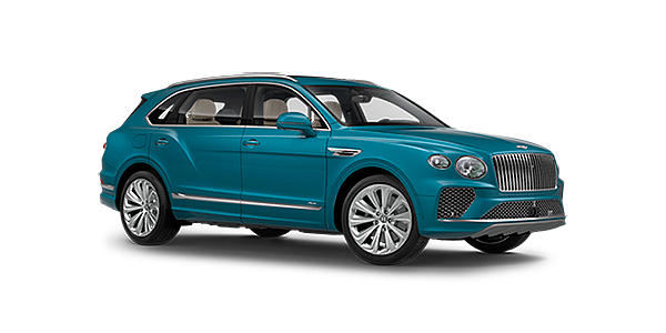 Bentley Valencia Bentley Bentayga EWB Azure front side angled view in Topaz blue coloured exterior. 