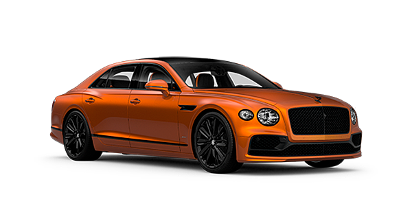Bentley Valencia Bentley Flying Spur Speed front side angled view in Orange Flame coloured exterior. 