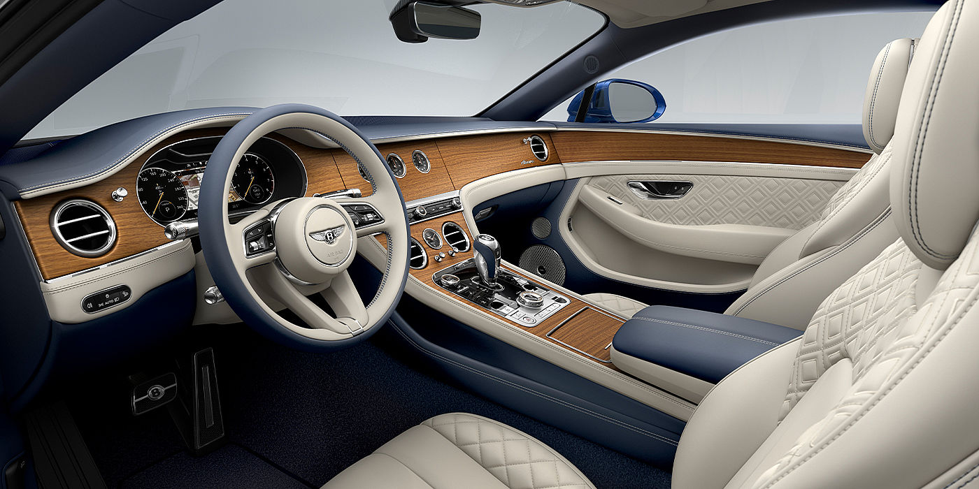 Bentley Valencia Bentley Continental GT Azure coupe front interior in Imperial Blue and linen hide