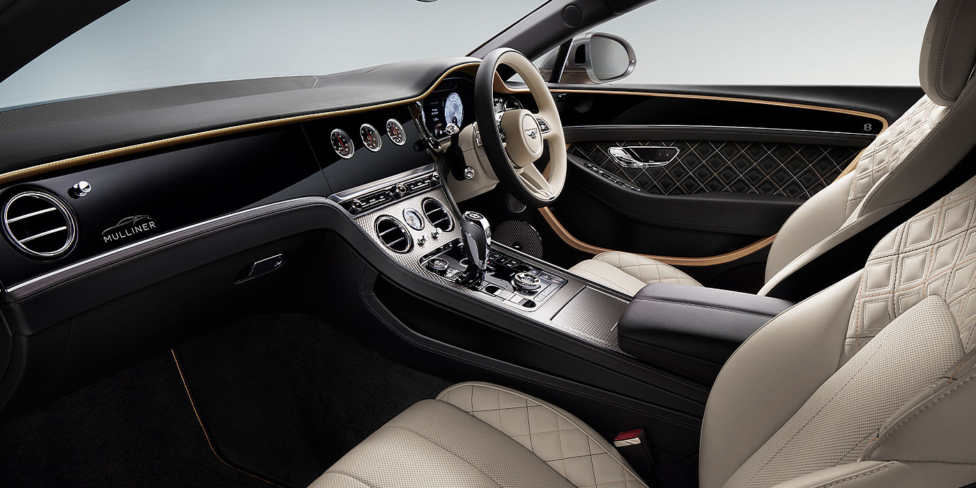 Bentley Valencia Bentley Continental GT Mulliner coupe front interior in Beluga black and Linen hide