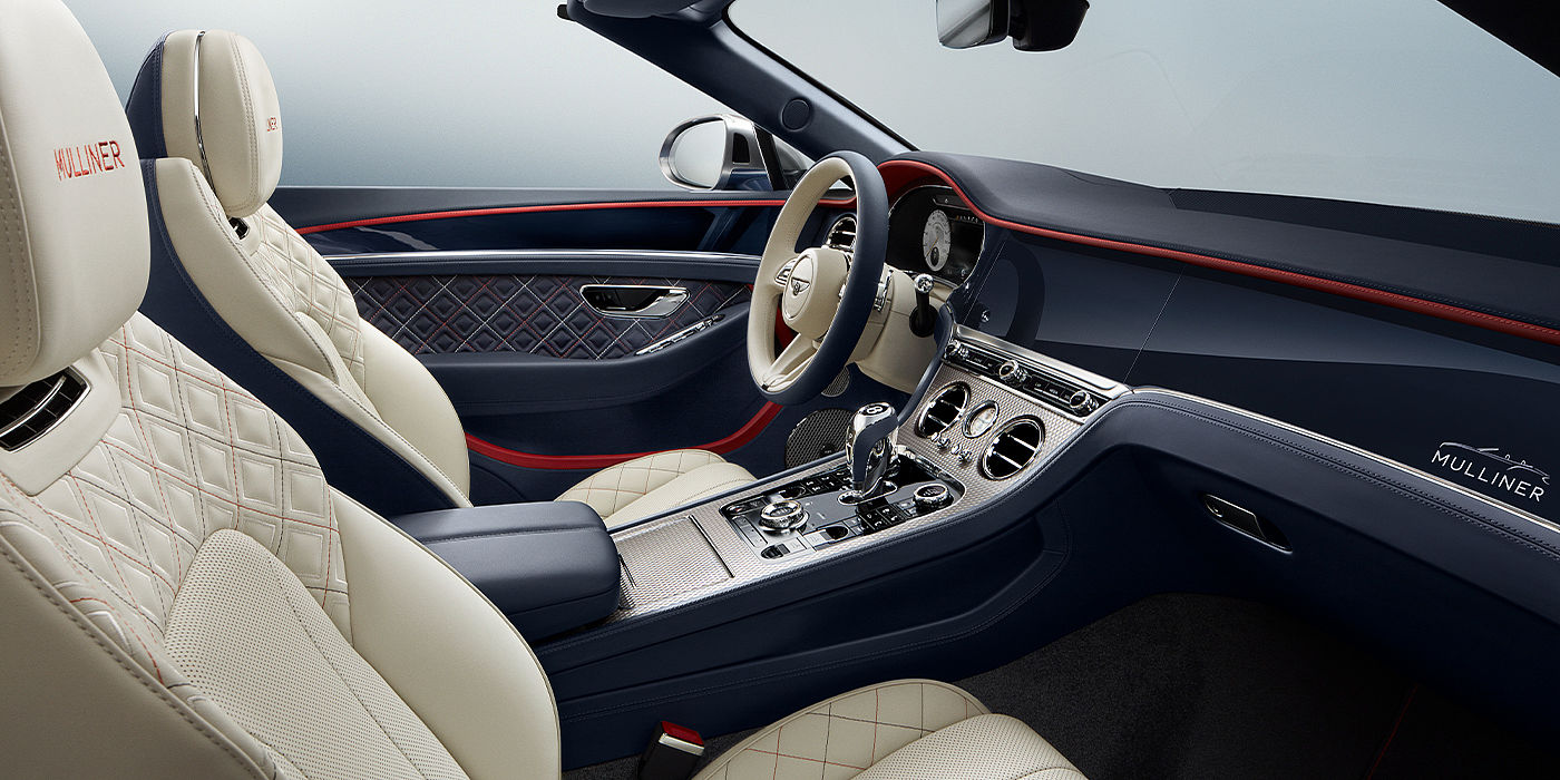 Bentley Valencia Bentley Continental GTC Mulliner convertible front interior in Imperial Blue and Linen hide