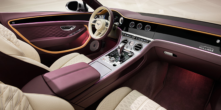 Bentley Valencia Bentley Continental GTC Mulliner convertible front interior including Linen and Damson purple hides and Grand Black veneer